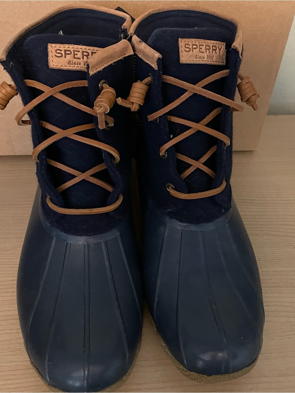 Sperry Navy and Tan Duck Rain Boots